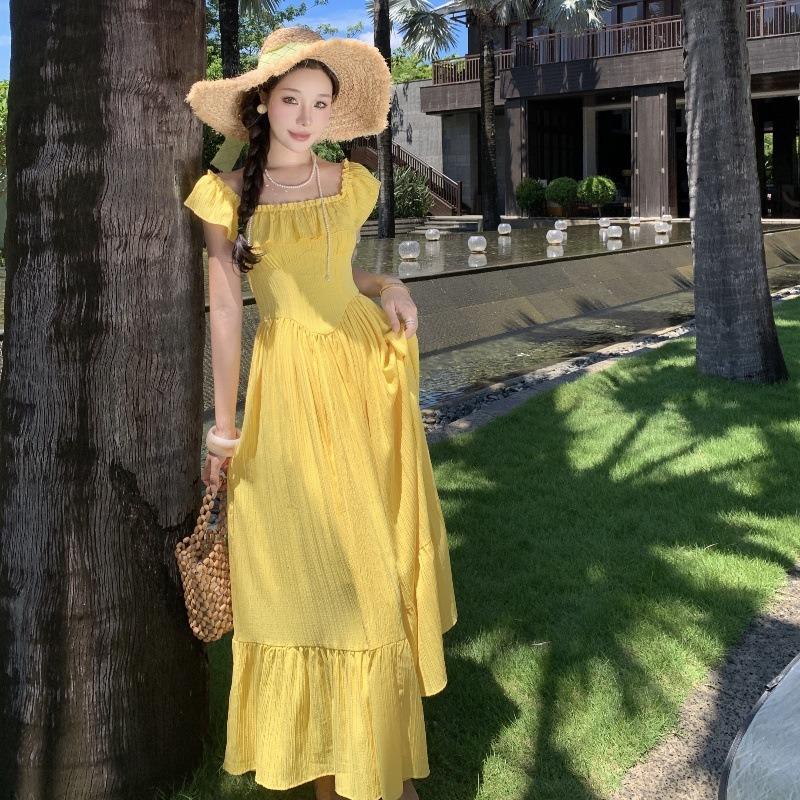 Yellow Small Flying Sleeves Square Neck Suspender Dress Children's Summer New French Seaside Vacation Waist Dress