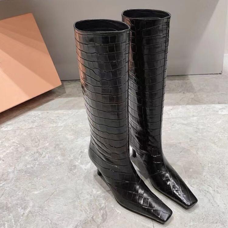 Fashion Stone Pattern Cowhide Black Apricot Knee High Boots Women Autumn Winter Low Heels Square Toe Long Boots Retro Size 34-44 Shoes