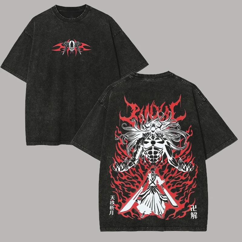 Hot-blooed Anime Bleach Kurosaki Ichigo Manga Graphic Print T-Shirt Men Women Vintage Washed Cotton Summer New Tee Streetwear Fashion Oversized Top