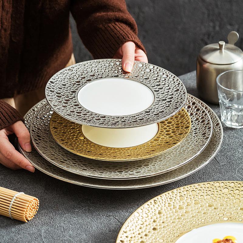 European Style Ceramic Western Steak Plate Golden Silver Pasta Plate Round Home Use Ceramic Fruit Salad Dessert Breakfast Dishes