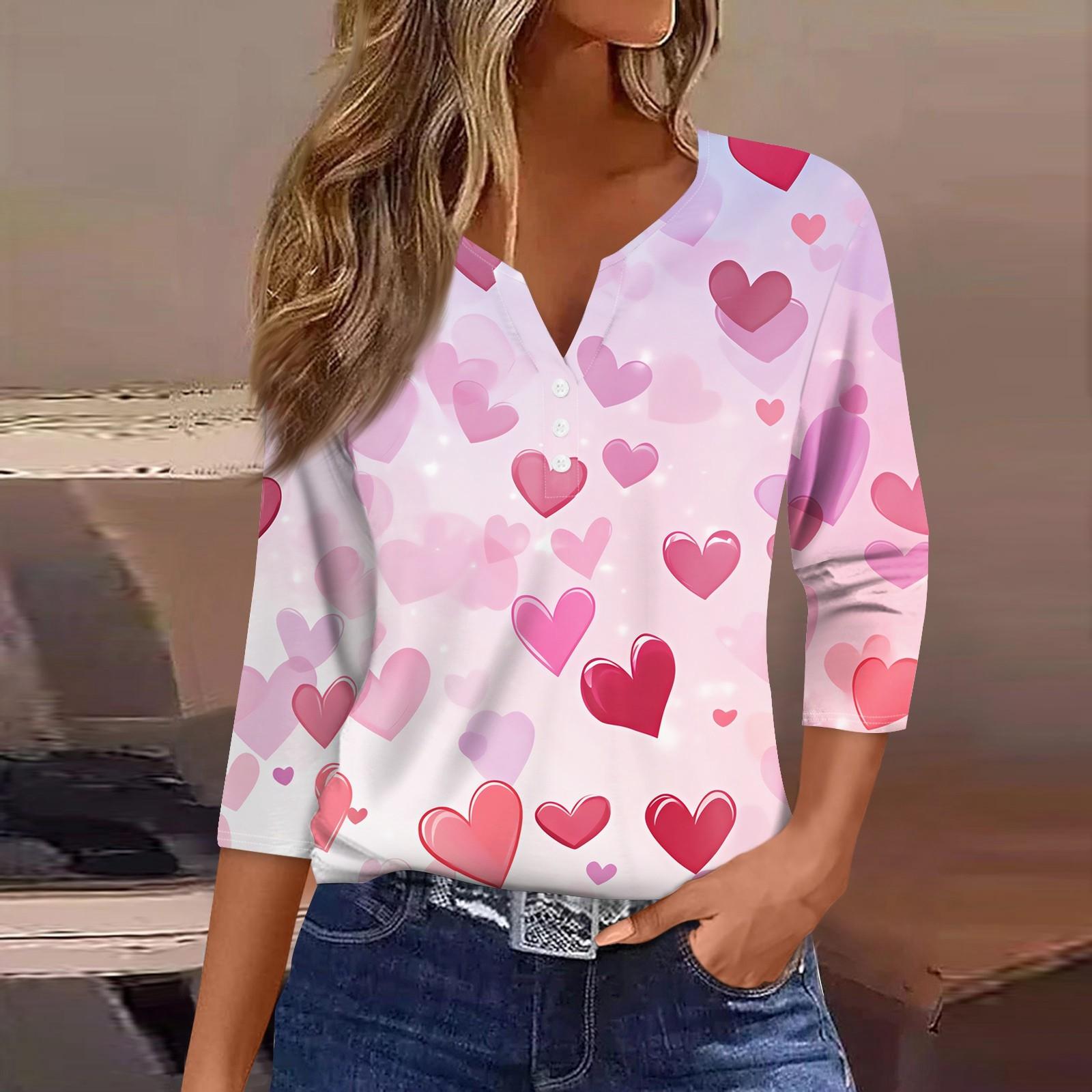 

Женская футболка с принтом ко Дню святого Валентина, на пуговицах, рукав 3/4, туника, повседневная мода на выходные, базовый топ с V-образным вырезом M