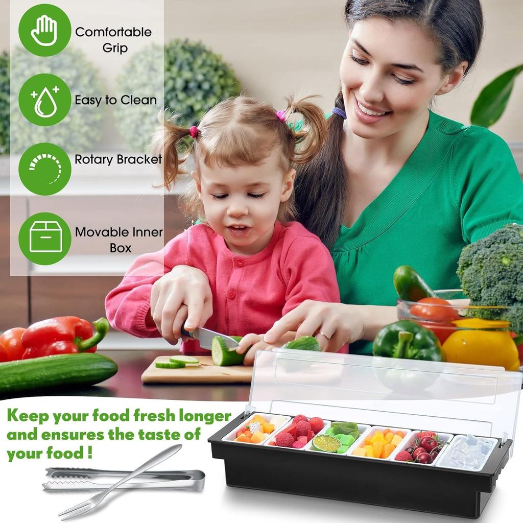 Fruit, Veggie, Condiment Caddy with Lid Dispenser Tray Plastic Garnish Station for Bartending & Serving Taco,Topping Organizer for Restaurant Supplies