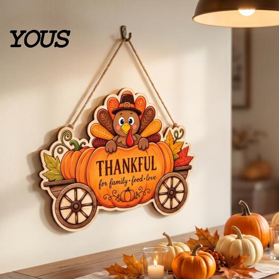 Indoor Outdoor Holiday Sign Thanksgiving Front Door Hanging Sign, Pumpkin Turkey Pattern Hanger, Autumn Ornament Harvest Wall for Farmhouse Porch Home