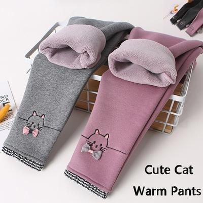 Pantalones Gruesos de Invierno con Gato Lindo y Cálido Leggings Coreanos con Forro Polar Pantalones Plus Terciopelo para Niñas Leggings para Niños Pantalones