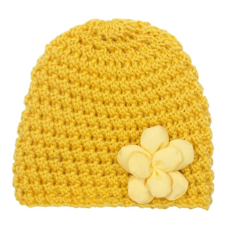 Knitted Baby Hat with Flower Autumn Winter Warm Boy Girl Beanie Cap Cute Solid Color Newborn Infant Bonnet Accessory