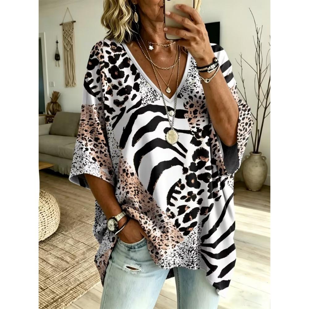 Women's large size V-neck top, elegant and comfortable simple striped pattern print large size women's V-neck T-shirt
