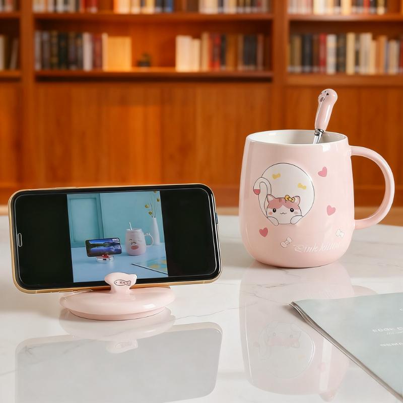 Keramiktasse mit Katzenmotiv, Deckel und Löffel, Cartoon-Stil, perfekt für Büro- oder Heimgebrauch, Kaffeetasse, Tassen, Becher, Glastasse, Tasse, Tassen