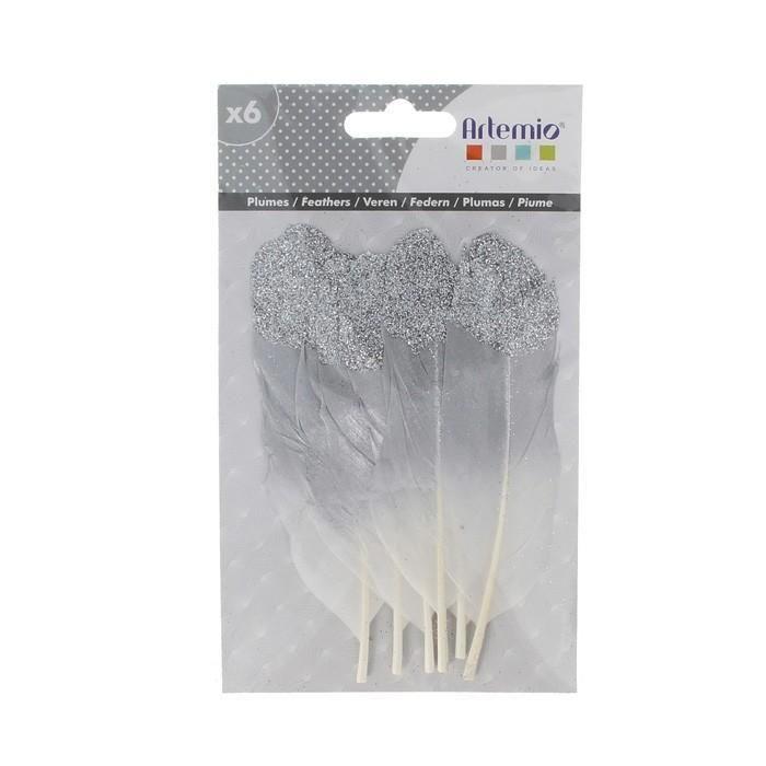 6 plumes argentées à paillettes
