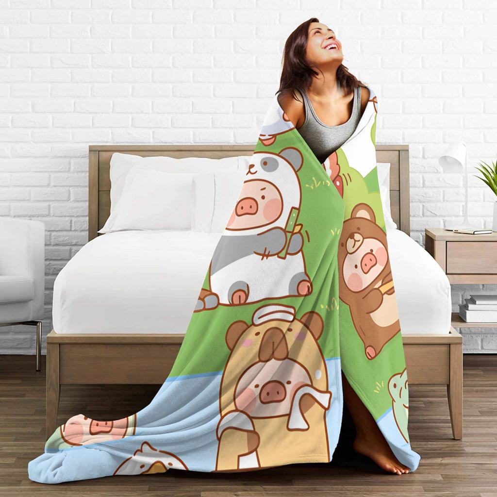 L-Lulu Schwein Flanelldecke Winter Warm Weiche Bettwäsche Überwürfe für Kinderzimmer Flauschige Tagesdecke Sofabettbezug