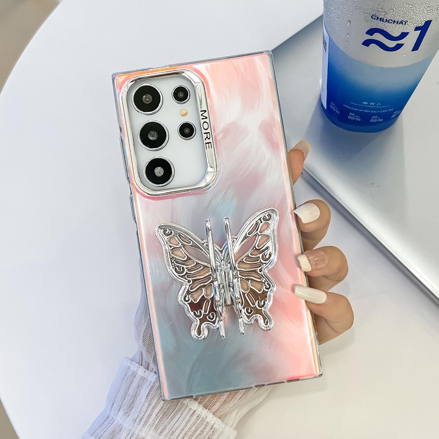 

Чехол для телефона Samsung S25 Ultra с кронштейном-бабочкой - Гальванизированный лазер, Полное покрытие, Защитная крышка для женщин A14 5G