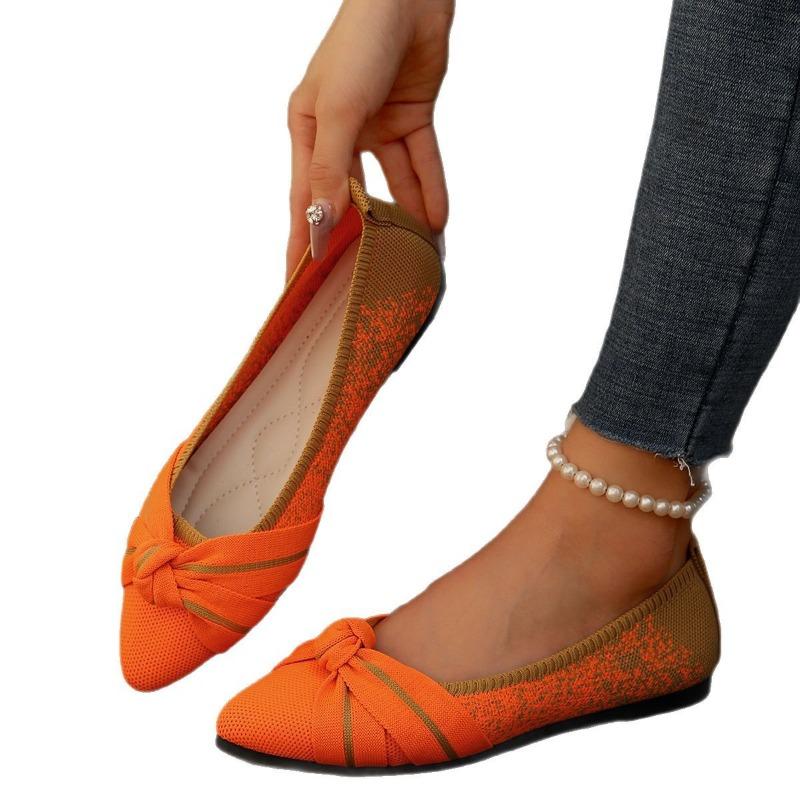 Women's Breathable Flyknit Slip-On Flats, Bow Decor Low-Cut Loafers, Plus Size Casual Work Shoes