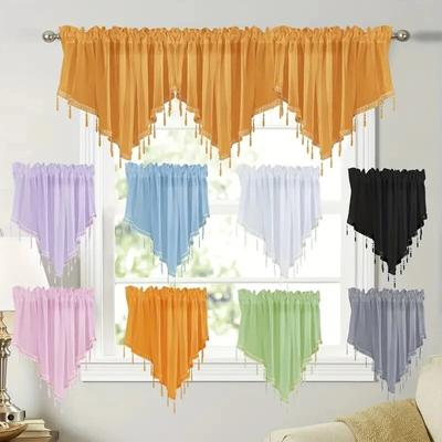 Solid Color Triangle Shape Short Curtain Rod Pocket Window Half Voile Curtain with Beads Tassels for Cafe Bar Kitchen Home Decor