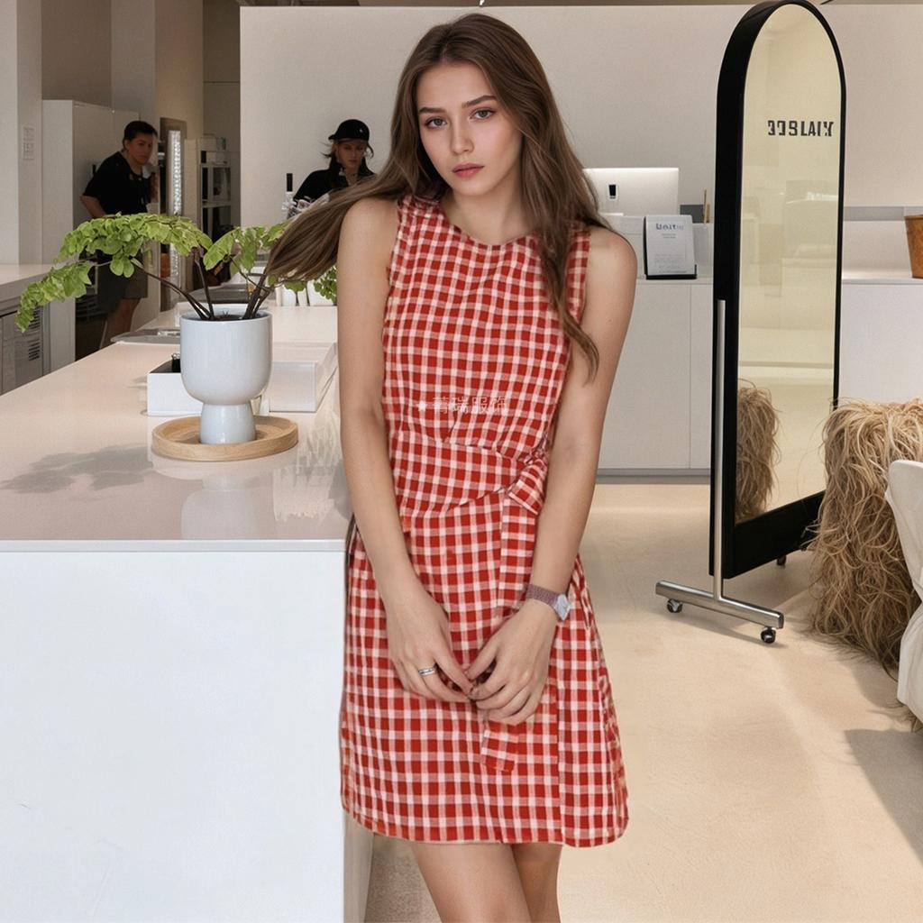 Kvinners sommer casual midje midje rutete vest ermeløs kjole