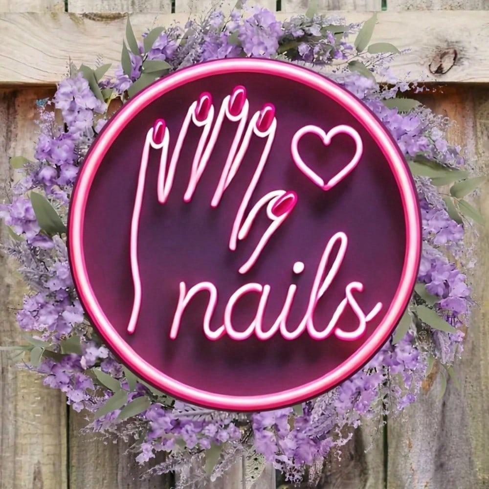 1pc Pink Neon Sign Nail Salon Decor, 20x20cm Round Laser Cut Iron Wall Art Hanging