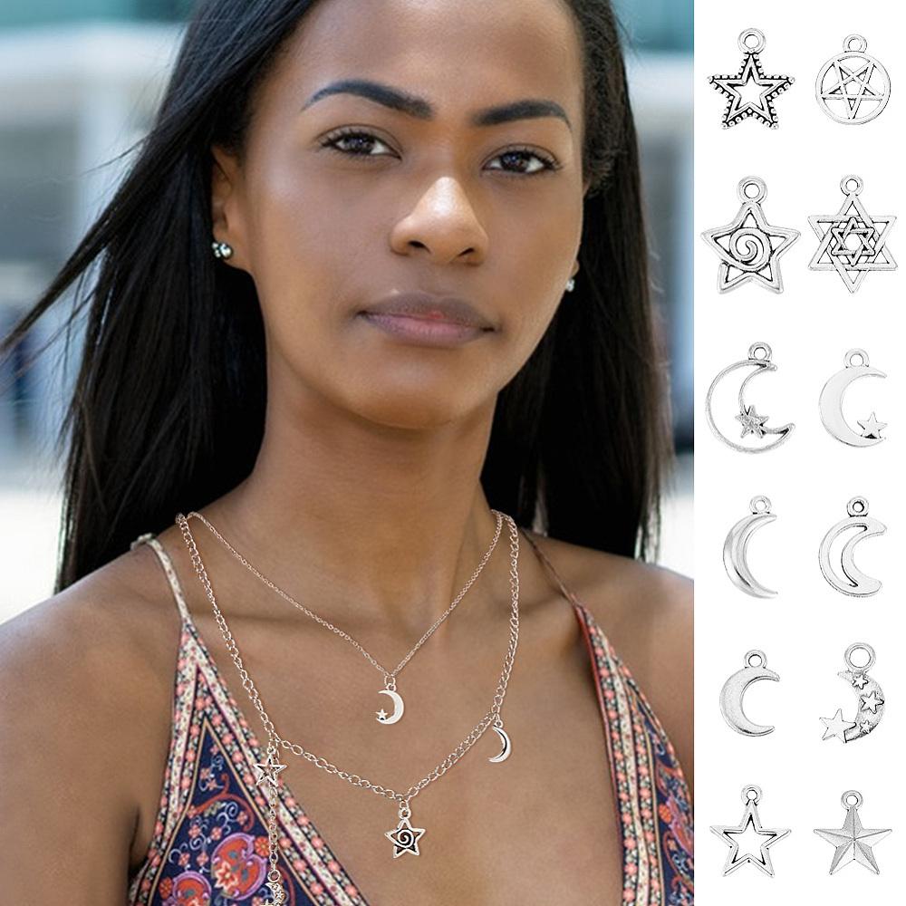 120Pcs 12 Styles Tibetan Style Alloy Pendants Lead Free and Cadmium Free Moon & Star Antique Silver 14.5~20x9.5~16.5x1~3.5mm Hole: 1.5~3mm