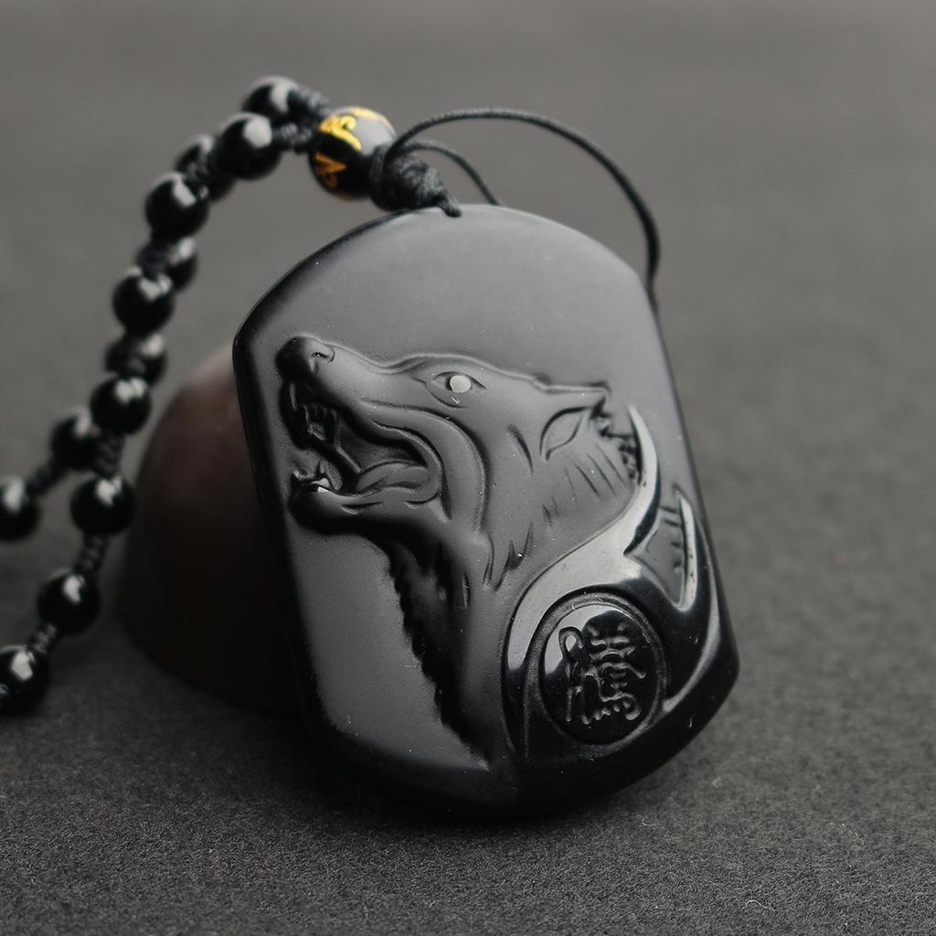 Natural Black Obsidian Pendant Lucky Carved Wolf Head Amulet Necklace For Men Fashion Vintage Handmade Jewelry Necklace Gifts