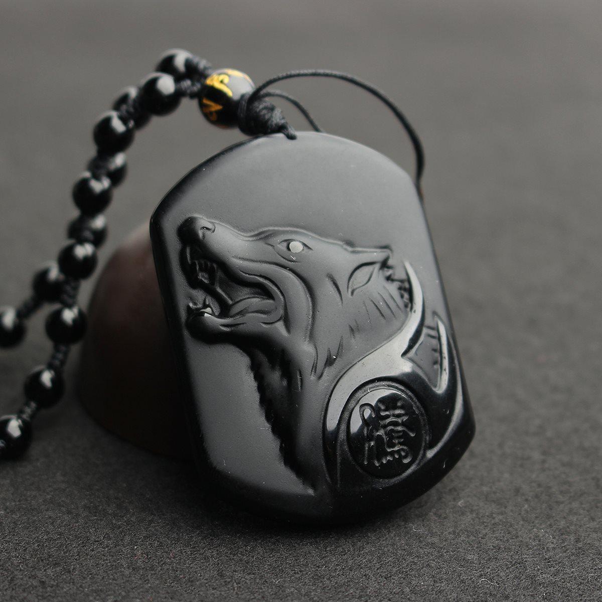 

Natural Black Obsidian Pendant Lucky Carved Wolf Head Amulet Necklace For Men Fashion Vintage Handmade Jewelry Necklace Gifts