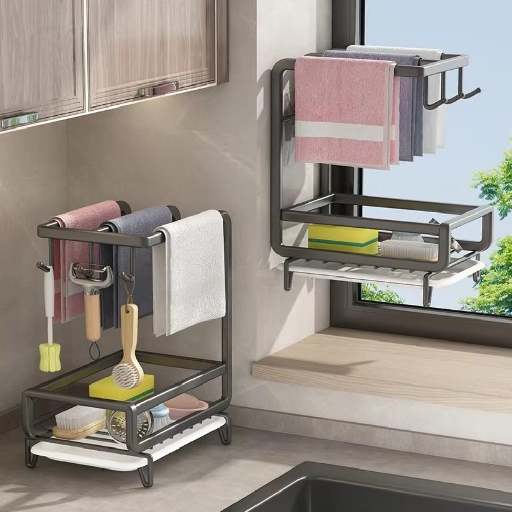 Multifunctional Wall-mounted Dishcloth Rack Countertop Space Saving Sink Drain Rack 2 Layers Organize Shelf Sink Area