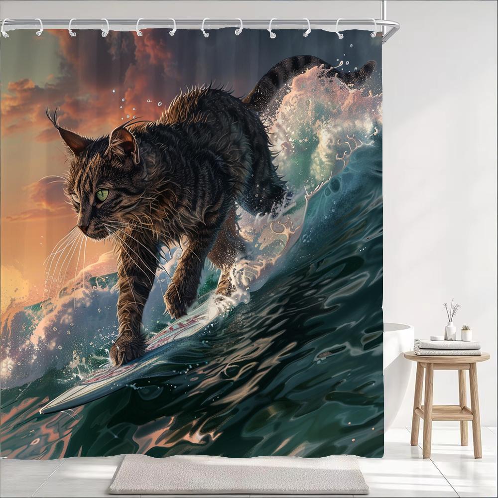 Funny And Creative Surfing Cat Shower Curtain, Bathroom Decorative Curtain, Printed Polyester Fabric Home Curtain With Hooks
