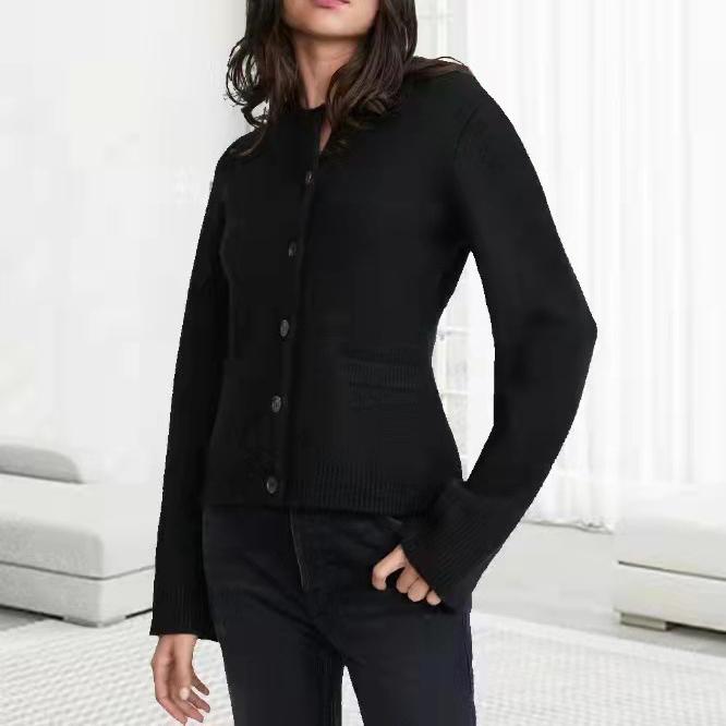

Вязаный кардиган, пальто, женский свитер с длинными рукавами и круглым вырезом на талии, осенне-зимний топ XXL чёрный