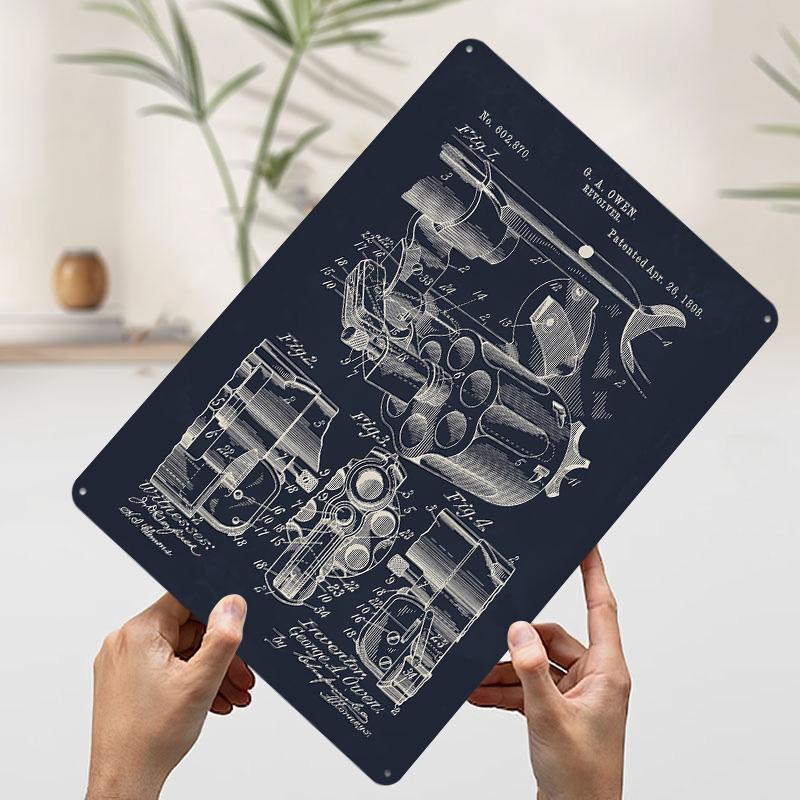 

Revolver Patent Drawing Tin Plaque Poster Customized Wall Art Retro Vintage Metal Signs for Man Cave Decoration Garage Wand Deko 7.9x11.8In(20x30cm)