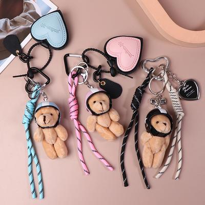 Helmet Bear Pendant Sweet Cool Leather Love Weaving Rope Creative Keychain Doll Bag Pendant