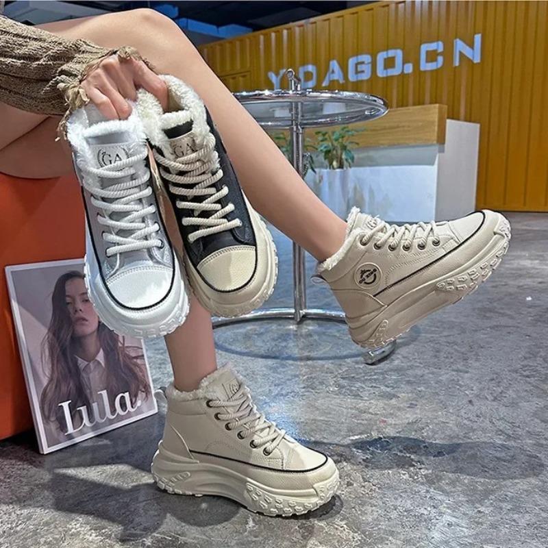Women's Winter High-top Little White Shoes Fleece Lined Thickened Warm Cotton Shoes Women's Fashion Outdoor Sneakers Botas Mujer