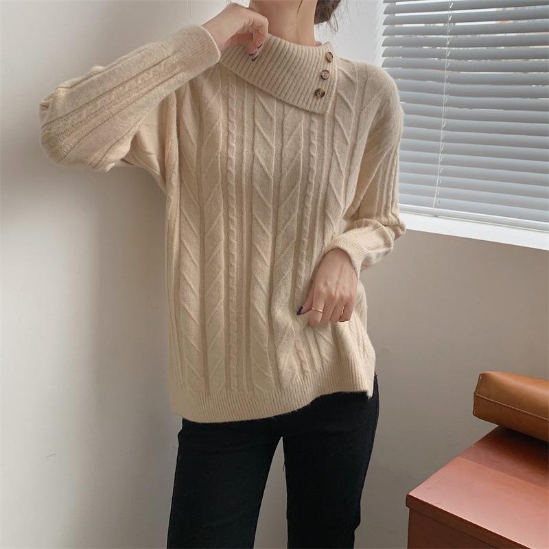 QICED Autumn and Winter Design Sense of Niche Turtleneck Sweater Women Loose Simple Style Thickened Inside The Knit Shirt Twist Top