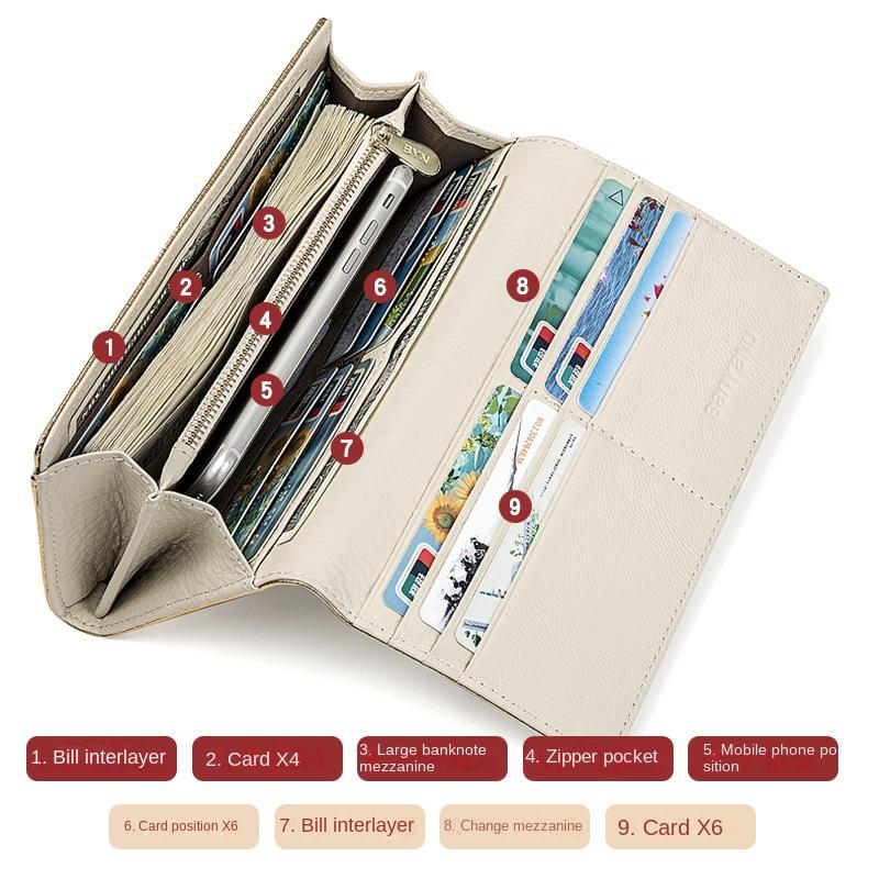 Women Long Wallet Genuine Leather Purse Striped Bifold Cowhide Money Bag Wrist Clutch