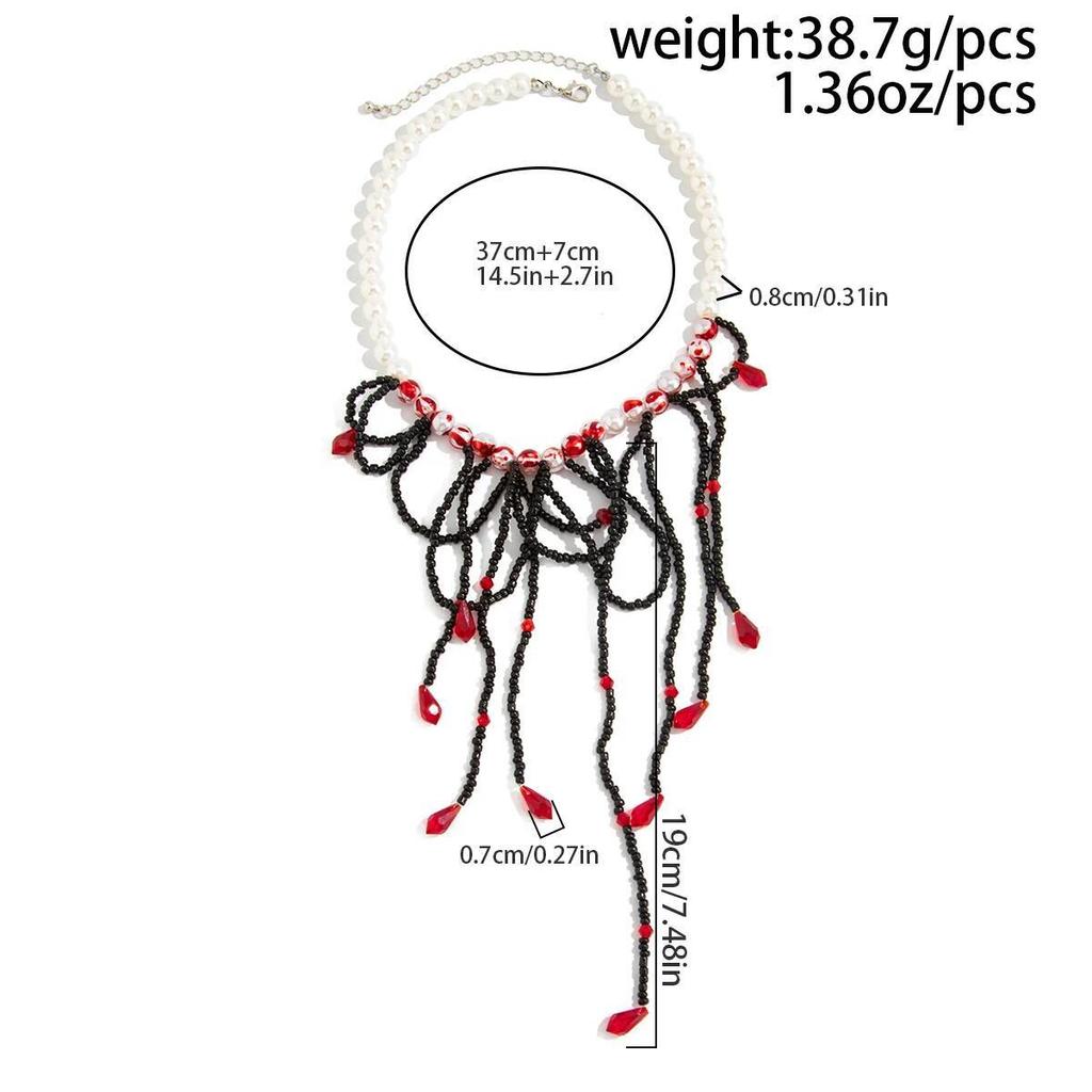 Salircon Gothic Red Blood Pattern Imitation Pearl Necklace Women Vintage Exquisite Multilayer Crystal Tassel Choker Jewelry Gift
