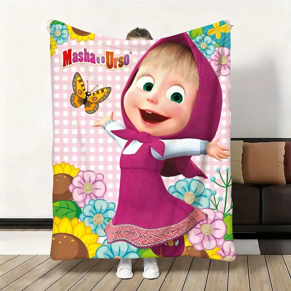 Cartoon M-Masha and the B-Bear Throw Flannel Fluffy Soft Blanket Warm Skin-Friendly Throw for Sofa Bed Office Nap Winter