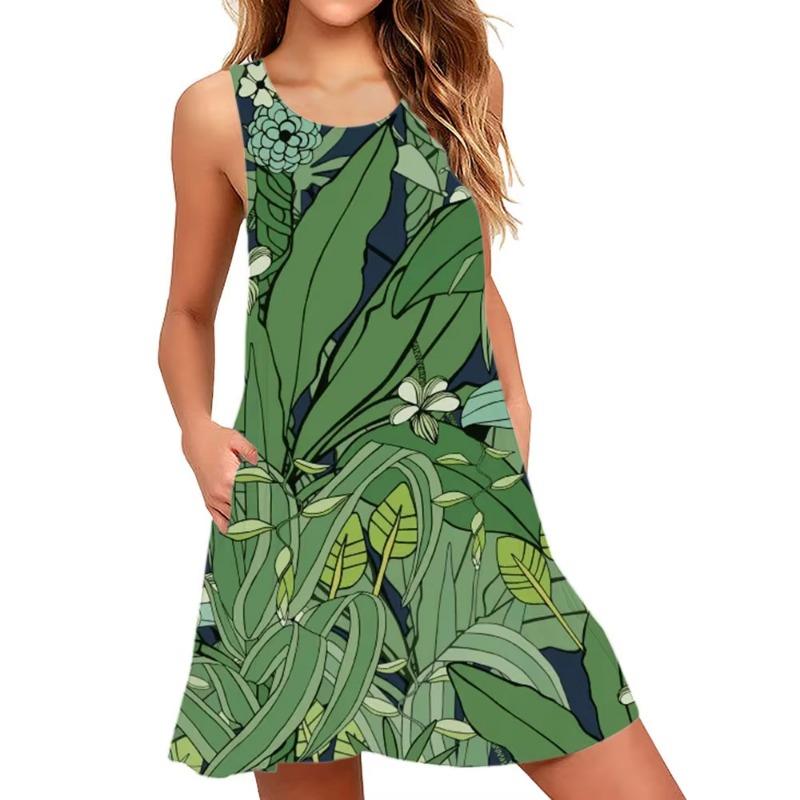 Women's Sleeveless Floral Dress Elegant All-Season Pencil Dress Pink Roses Green Foliage Pattern Dresses Woman Summer