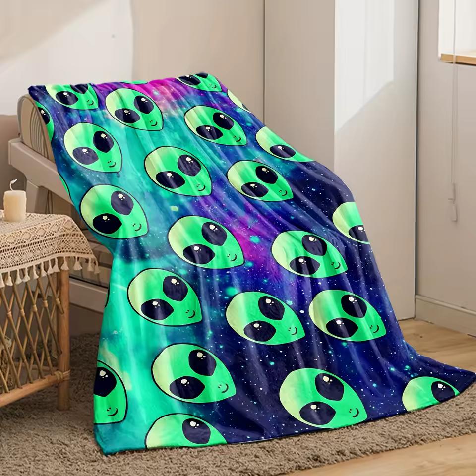 1pc Cozy Alien Print Flannel Blanket- Soft, Warm, and Vibrant Galaxy Design with Cartoon Characters- Perfect for Sofa,, or Offic