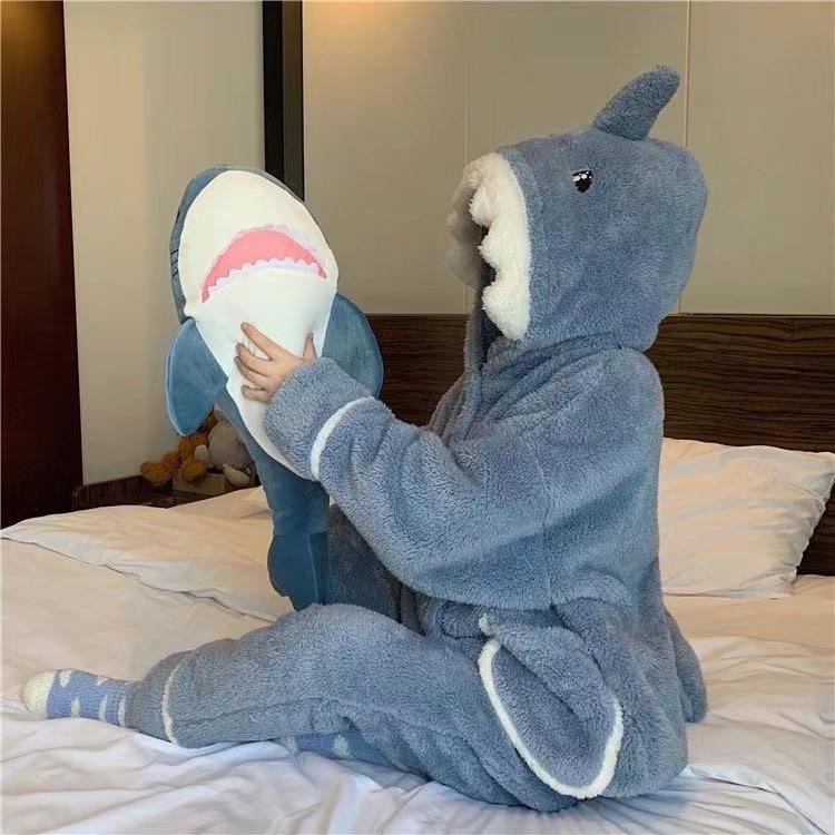 Women's Cute Shark Hooded Pajamas: Thickened Coral Fleece for Warmth, Perfect for Winter Lounging and Outdoor Wear.