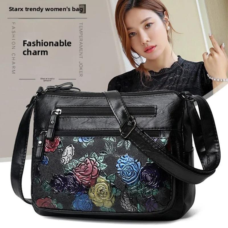 Fashion Rose Print Crossbody Shoulder Bag, Retro Black Leather Sling Purse with Multi-Pocket Design for Woman Shoulder Bags