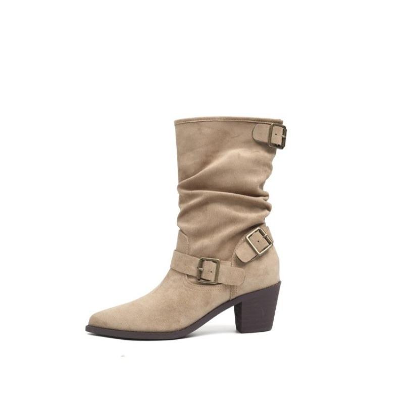 Fashion Metal Belt Buckle Block Heel Single Boots Women's Fashion Pointed Toe Pleated Anti-Slip Wear-Resistant Mid-Tube
