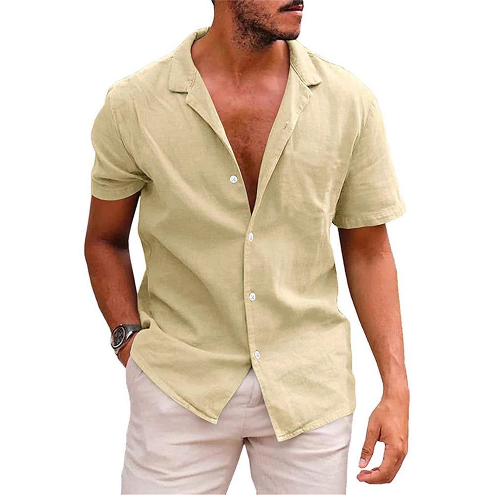 2023 Men's Casual Lapel Short-Sleeve Solid Color Cotton and Linen Shirt - European and American Style