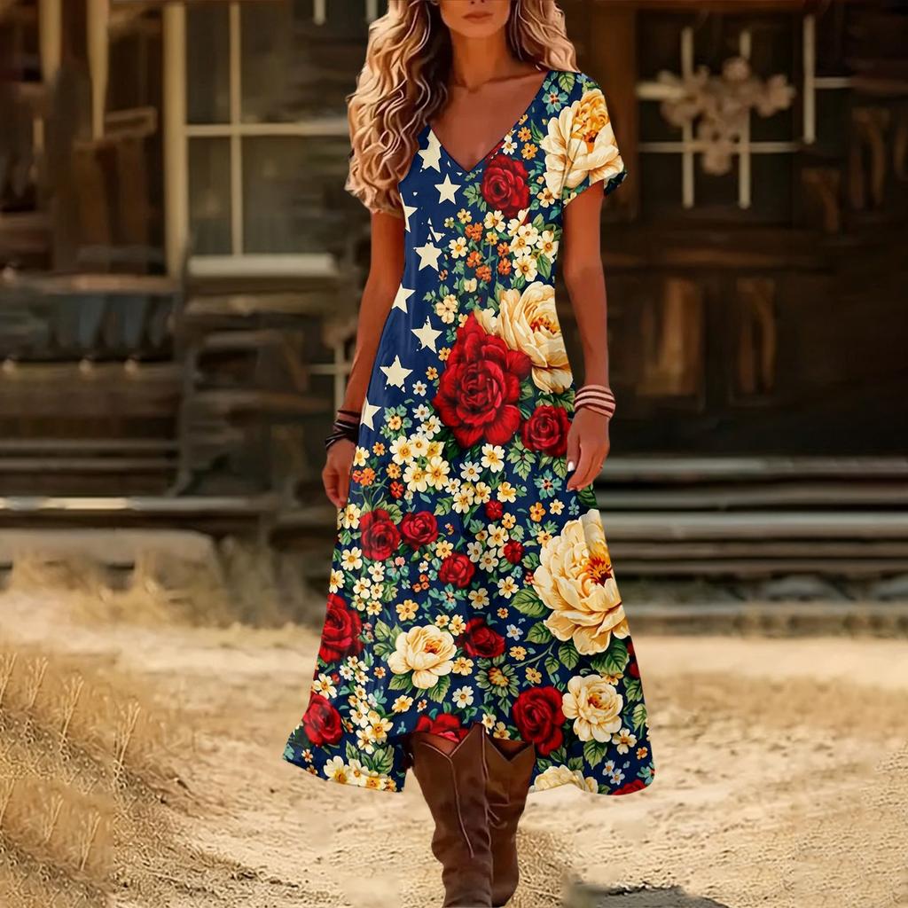 Women’s Short Sleeve V Neck Maxi Dress with Floral Print and Flag Pattern Casual Loose Fit Summer Dress