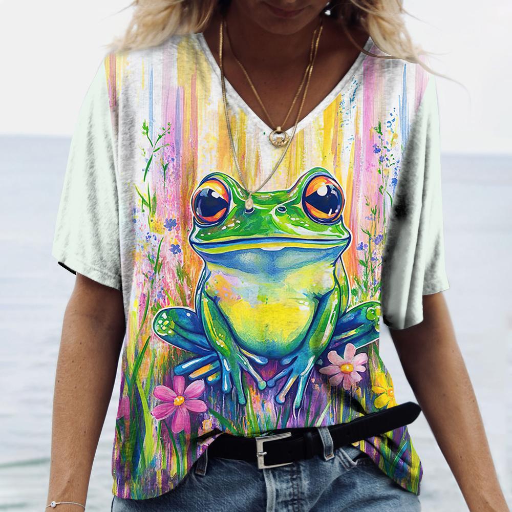 Summer Ladies T-Shirt Frog And Floral Pattern Printing Outdoor Retro Fashion Casual Oversized T-Shirt Women Clothings