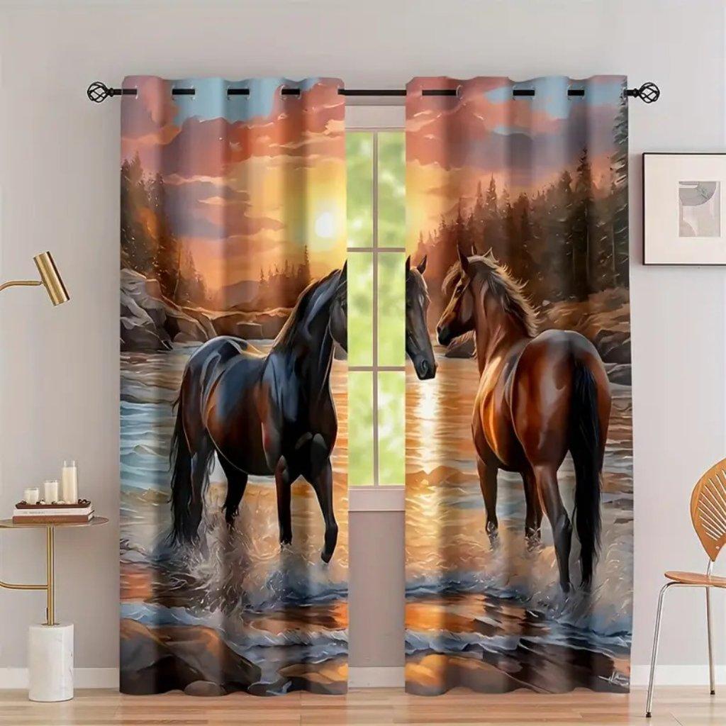 2Pcs Art Deco Horse Pattern Window Curtains for Living Room Bedroom HD Digital Printed Fade Resistant Polyester Drapes Home Deco