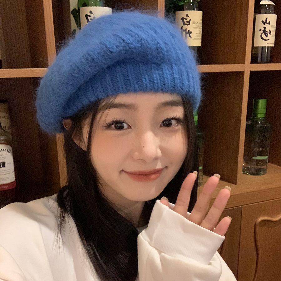 Rabbit Fur Beret Women's Autumn and Winter Knitted Plush Large Head Circumference Korean Version Beilei Painter Hat Shows Small Face