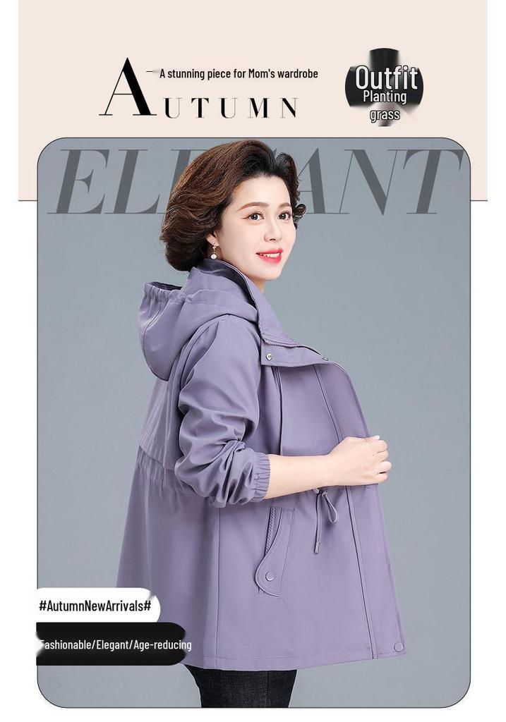 2026 Stylish Mid-Length Windbreaker Jacket for Middle-Aged and Elderly Mothers, Plus Size, Slimming, Spring/Autumn Wear