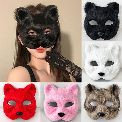 1 peça fantasia de festa cosplay de halloween acessórios faça você mesmo máscara de raposa de pele falsa máscara de gato animal peludo meio rosto