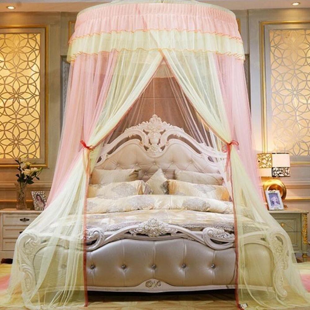 Elegant Blonder Seng Baldakin Myggnett Dome Hengende Blonder Insektsnett Kryptering Heving Tak Princess Dome Court