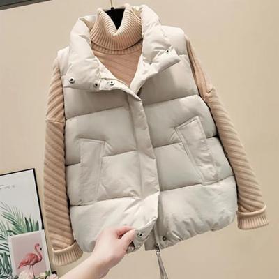 Winter Women Vest Coat Thickened Padded Zipper Closure Turn-down Collar Sleeveless Solid Color Windproof Heat Retention Outdoor Down Coat