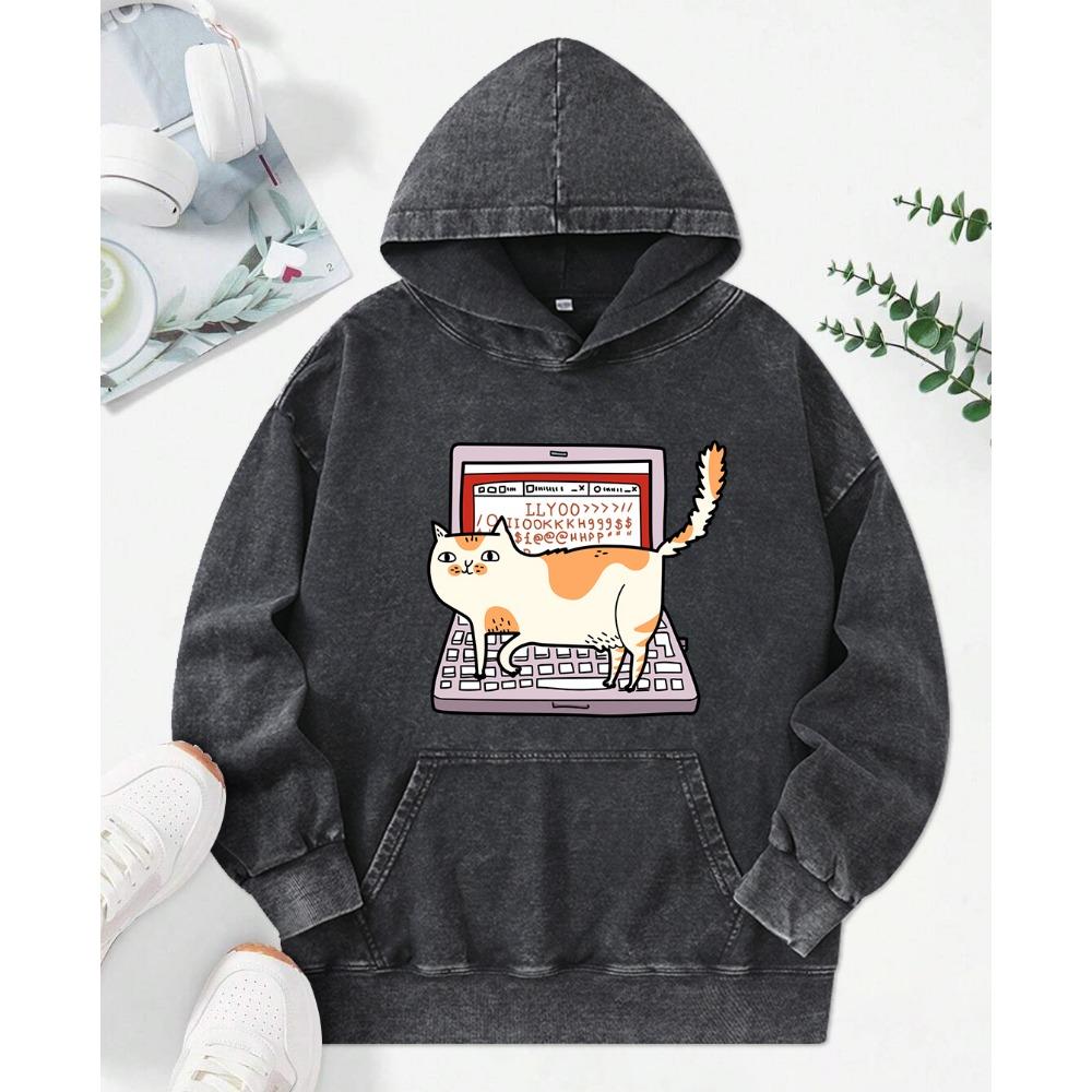 Cats Walking On Computer Keyboards Prints Washed Hoodies Women Cotton Fashion Clothes Autumn Loose Hoody
