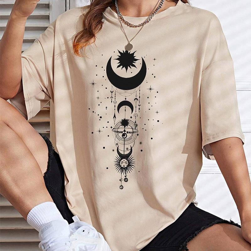Fashion Women Creative Moon Stars Sun Print T Shirt Funny Casual O-neck Short Sleeves T-shirt Summer Female Tee Shirt