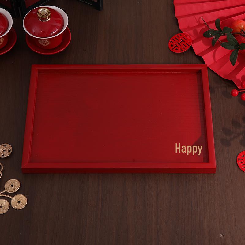 Solid Wood Wedding Tray Set for Fruit, Candy, & Tea Ceremony - Red Engagement Celebration Plate