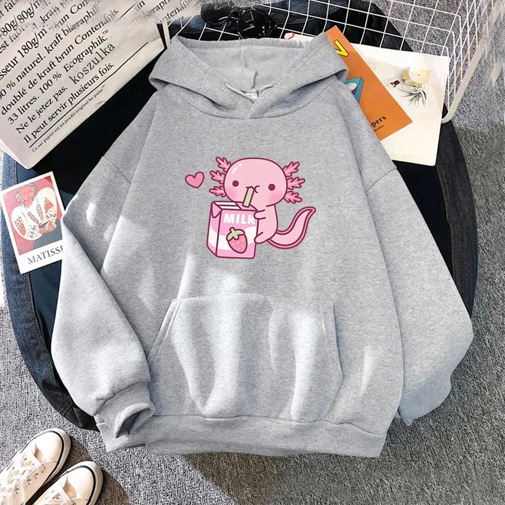 Anime Axolotl loves strawberry milk printed sweatshirts, Kawaii sweatshirts, winter and autumn unisex sportswear tops