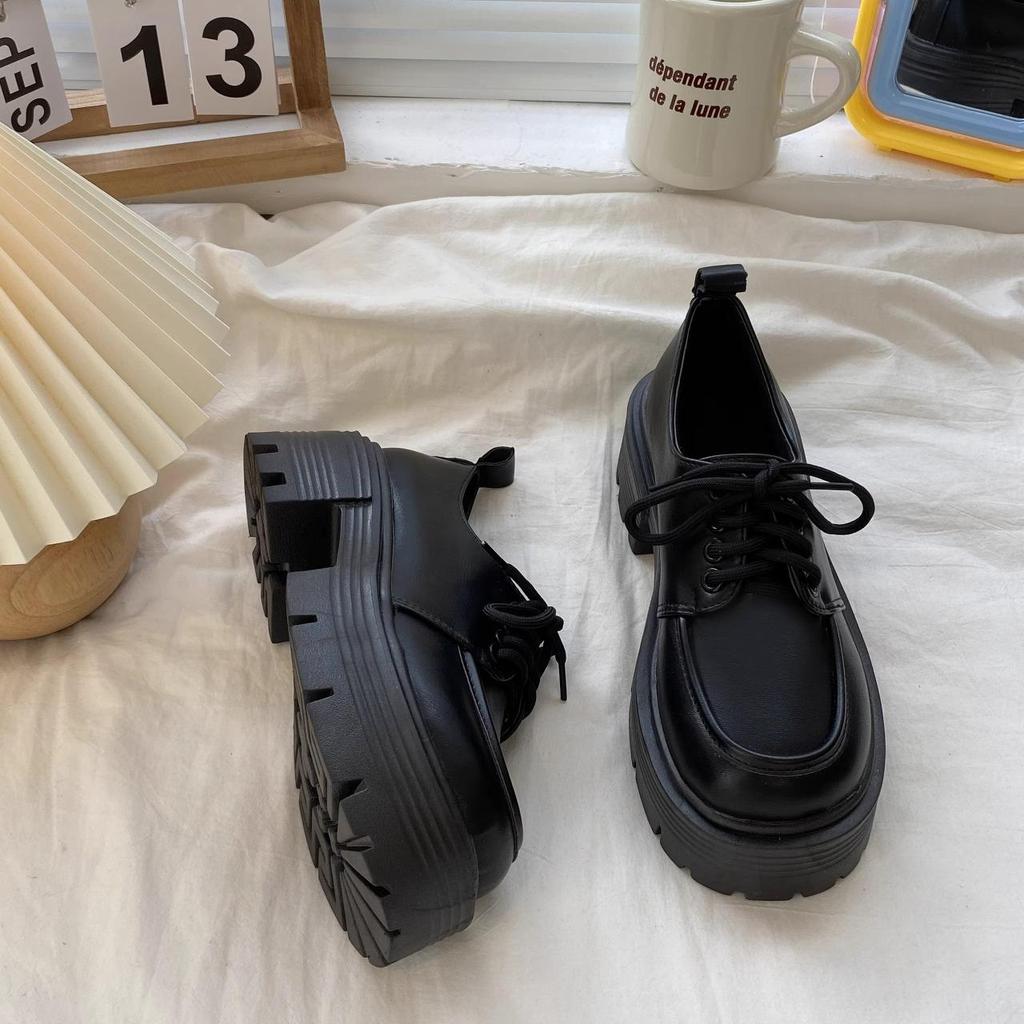 "Women's Black Chunky-Heeled Lace-Up Leather Loafers for Spring/Summer 2024 - British & Japanese Style"